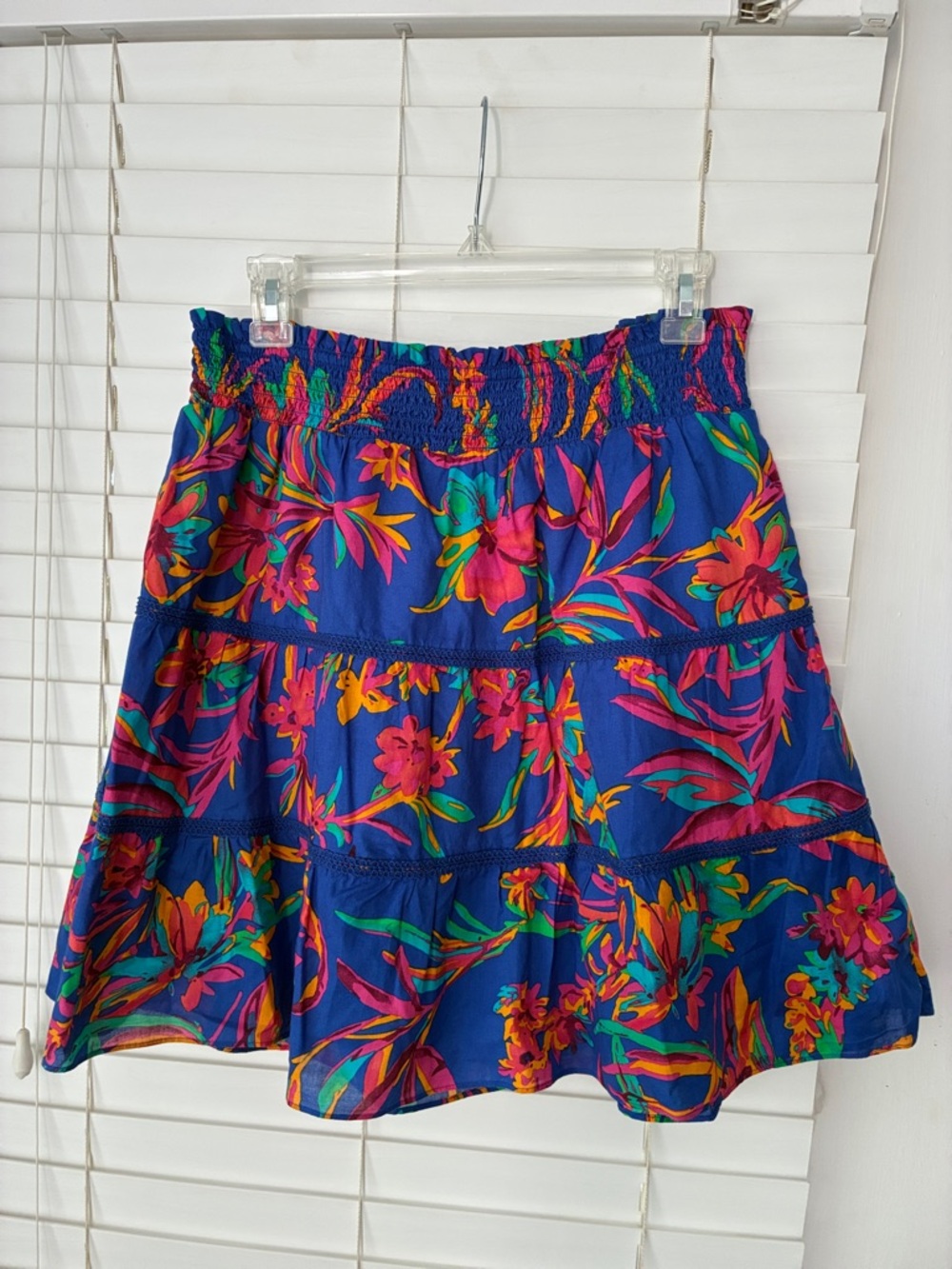 J.Crew Mini Skirt Smocked Tiered Ruffle Cotton Tropical Floral SZ M NWOT